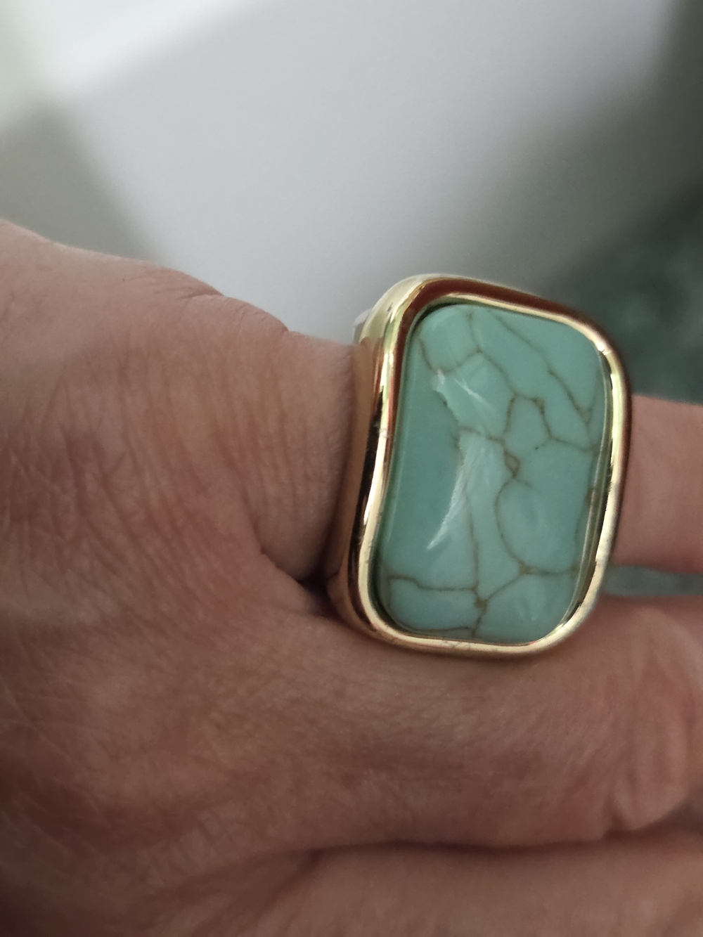 Gold Tone Ring with Turquoise Stone With Pyrite.